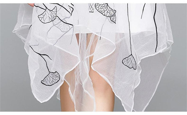 Temperament Off-Shoulder Short Sleeve Denim Patchwork Gauze Skirt Slim Irregular Mid-Skirt Dress