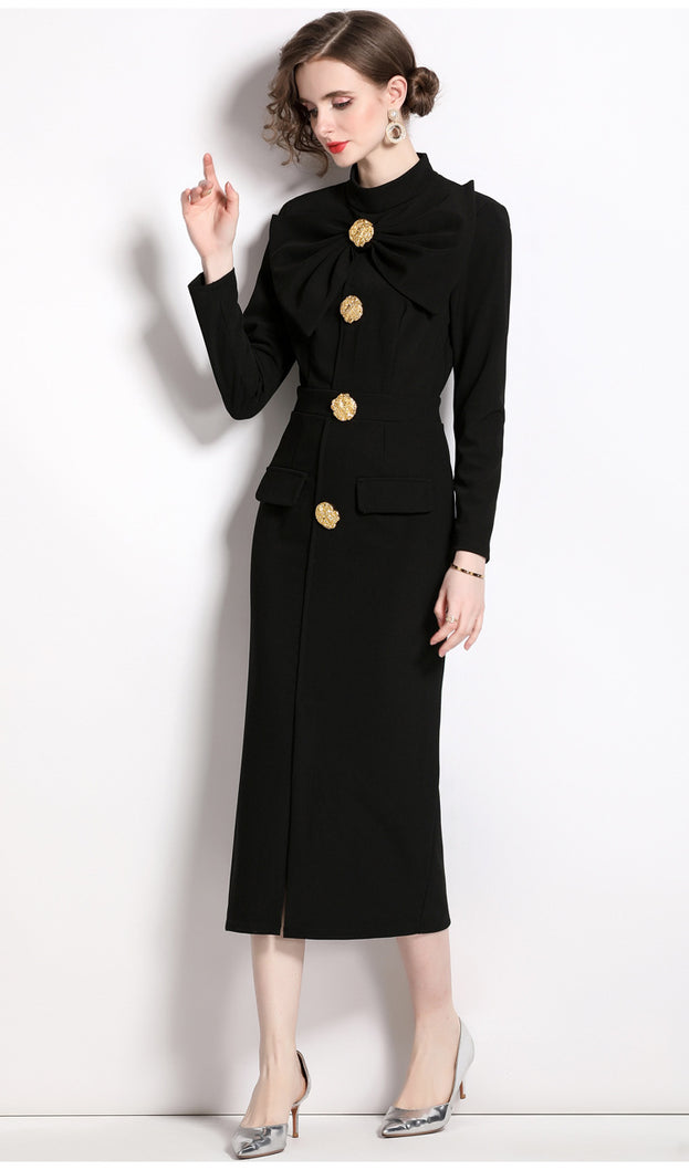 Bow Collar Long Sleeve Tucked Waist Buttons Dress