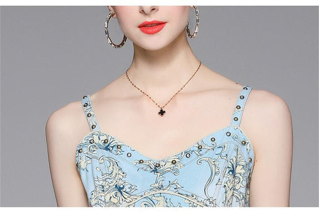 V-Neck Halter Printed Denim Slit Mid-Length Slim Dress