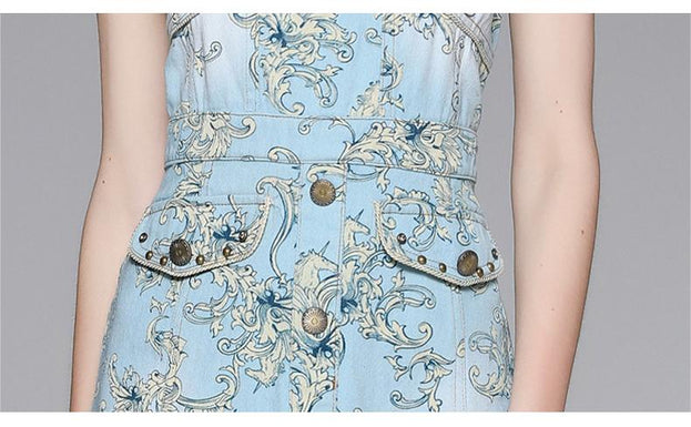V-Neck Halter Printed Denim Slit Mid-Length Slim Dress