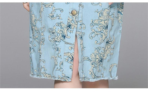 V-Neck Halter Printed Denim Slit Mid-Length Slim Dress