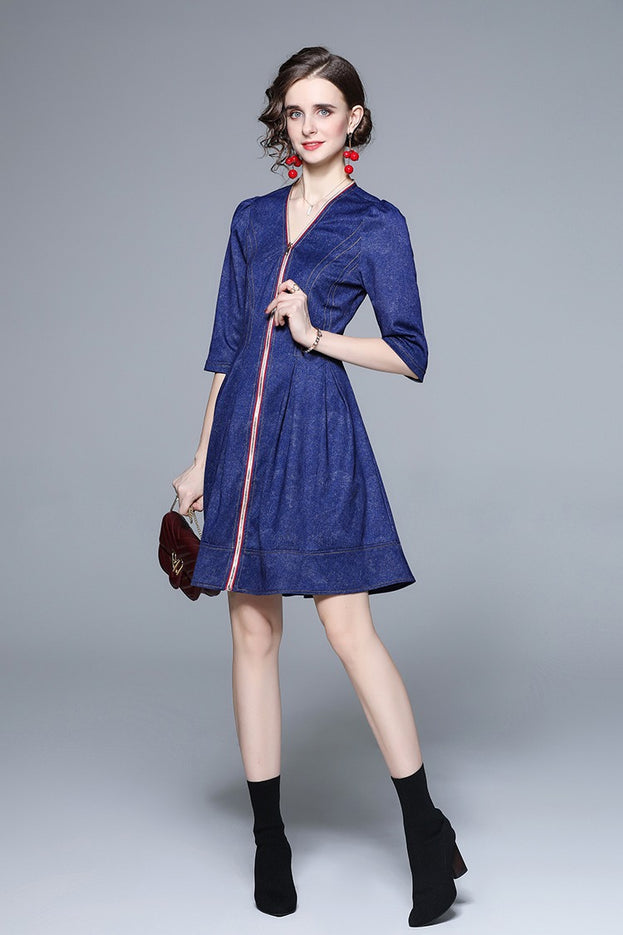 Middle Sleeve Zipper Down Denim Jacquard Dress