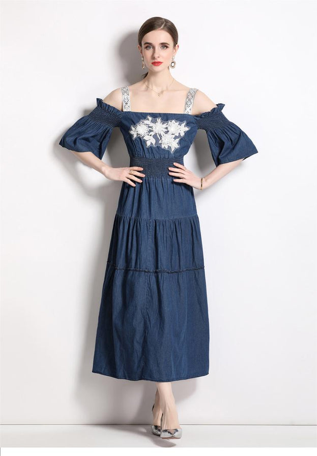 Off Shoulder Bust Embroidery Halter Denim Dress