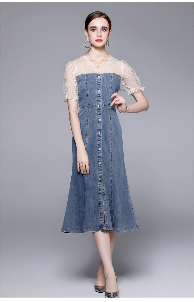 Embroidered Mesh Stitching Denim Slim Waist Slit Fishtail Swing Dress