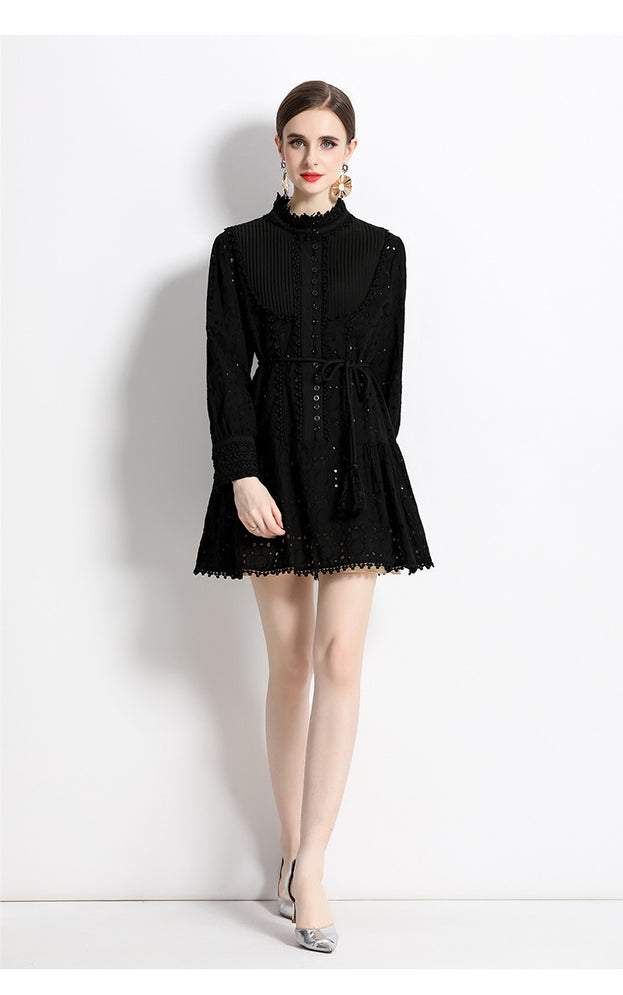 Stand-Up Collar Temperament Continuously Empty Single Breasted Lantern Sleeve Lace-Up Skirt Dress