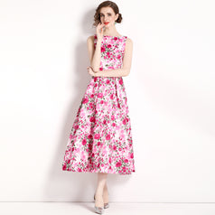 Vintage Print Sleeveless High-Waisted Dress