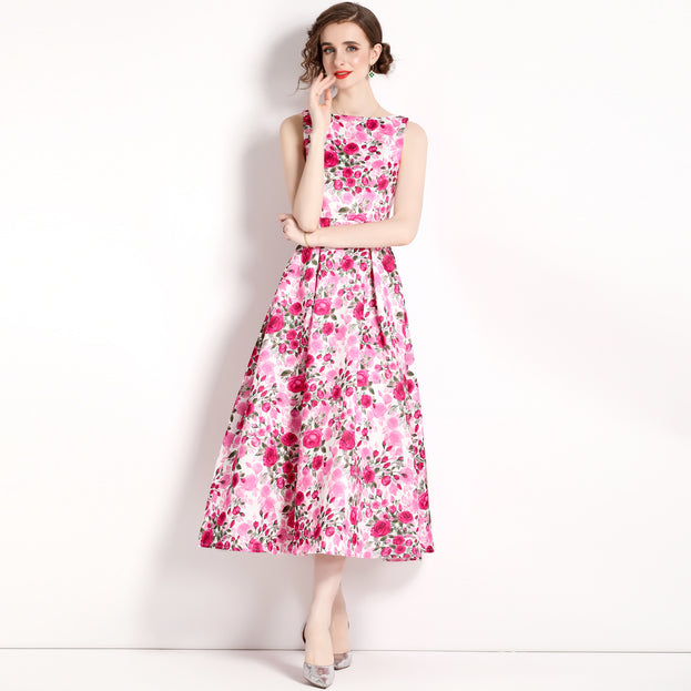 Vintage Print Sleeveless High-Waisted Dress