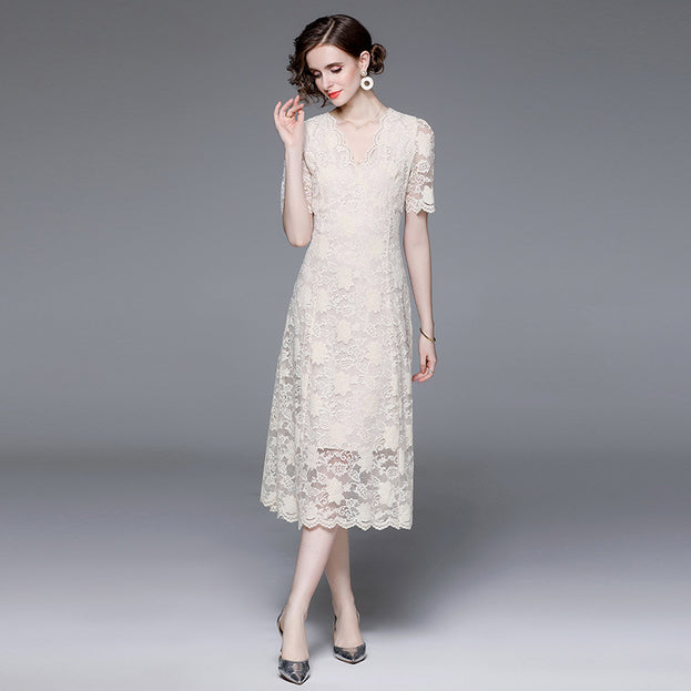Temperament Retro V-Neck Big Swing Long Hook Flower Hollowed Out Lace Dress