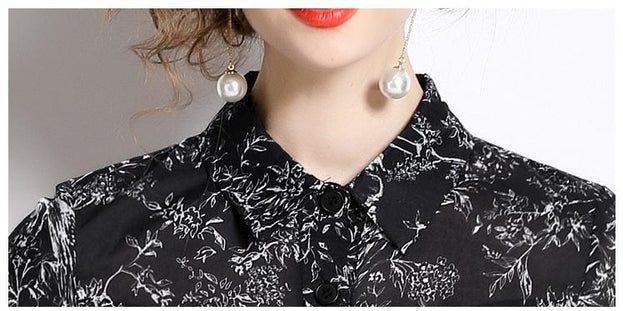 Temperament Vintage Print Short Sleeve Large Swing Slim Lapel Long Skirt Dress