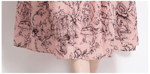 Temperament Vintage Print Short Sleeve Large Swing Slim Lapel Long Skirt Dress