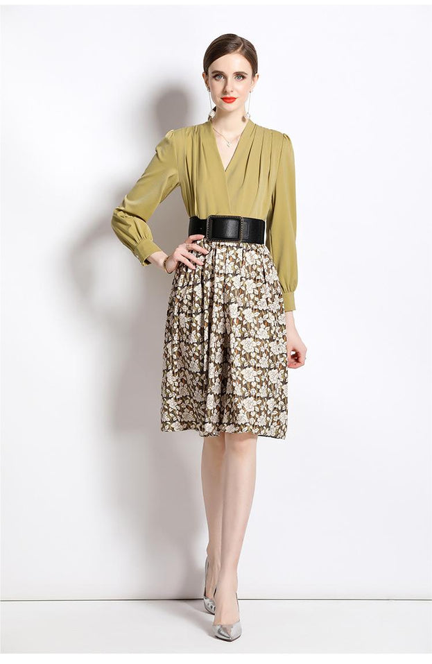 Temperament Waist Slimming V-Neck Long Sleeve MIDI Dress Vintage Print