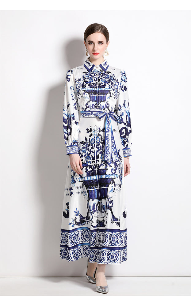 Fashion All-in-One Waist Slimming Blue and White Porcelain Positioning Printed Dress with Belt