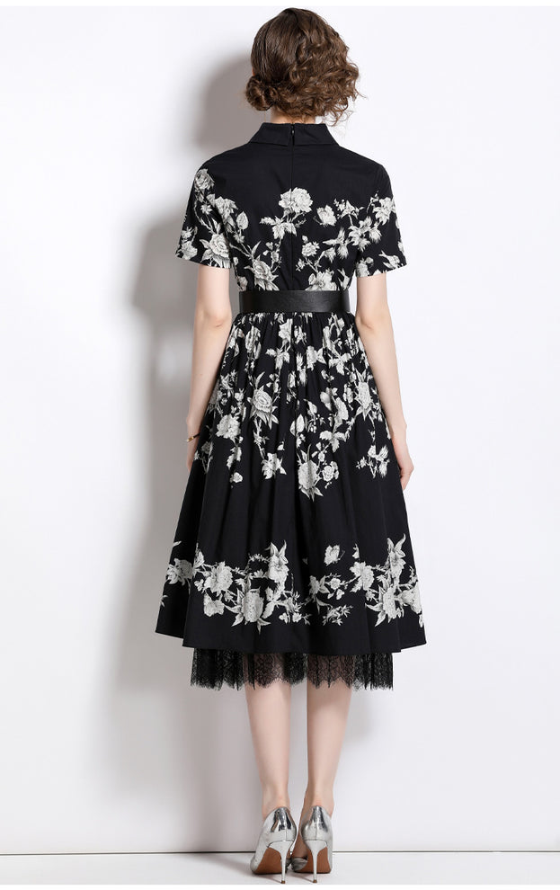 Temperament Lace Print High-Waisted Short-Sleeved Mid-Length Dress with Belt