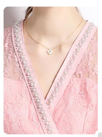 Light Ripe Temperament Pink V-Neck Long-Sleeved Dress Tucked in Waist Slit Skirt
