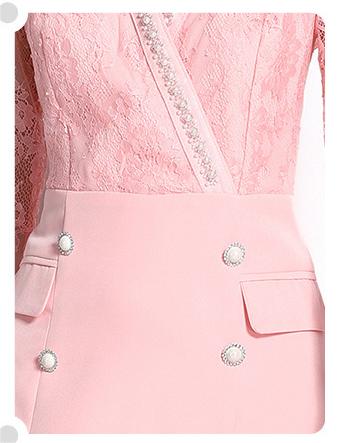 Light Ripe Temperament Pink V-Neck Long-Sleeved Dress Tucked in Waist Slit Skirt