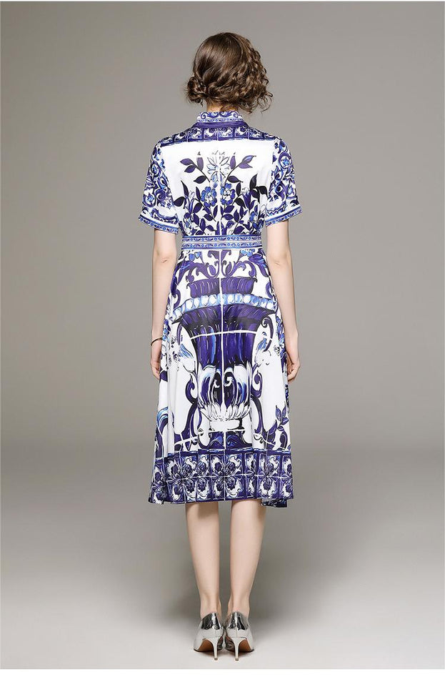 Fashion All-in-One Collection Waist Slimming Positioning Printed Dress with Belt