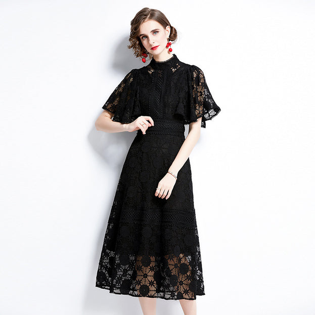 Wider Sleeve Opening High Collar Black Lace Longer Dress