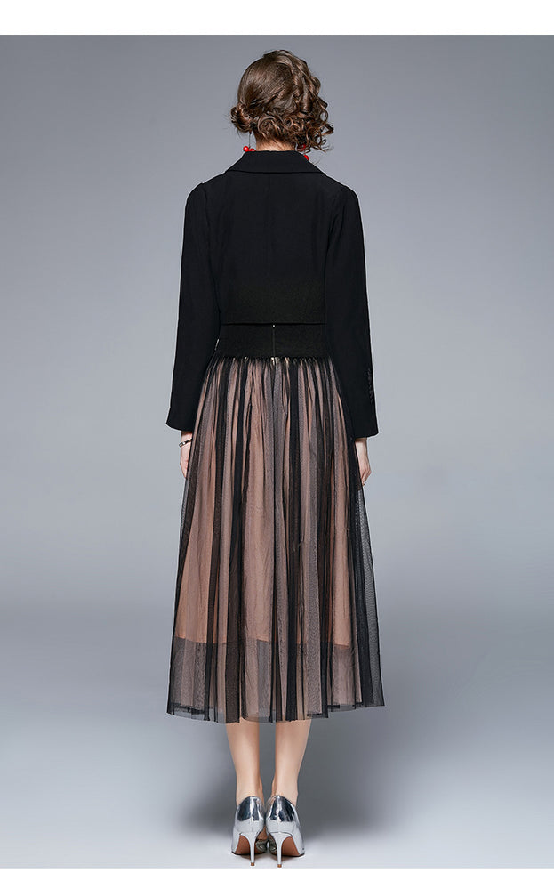 Long Sleeve Small Suit and Mesh Gauze Skirt Two-Piece Suit