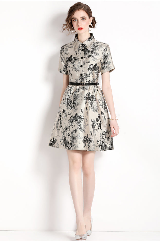 Temperament Vintage Jacquard Lapel Short Sleeve Slim Look Slim Mid-Skirt Dress