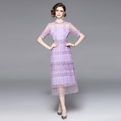 Lace Stitching Mesh Embroidered Crewneck Sexy Short Sleeved Long Skirt Slim Dress