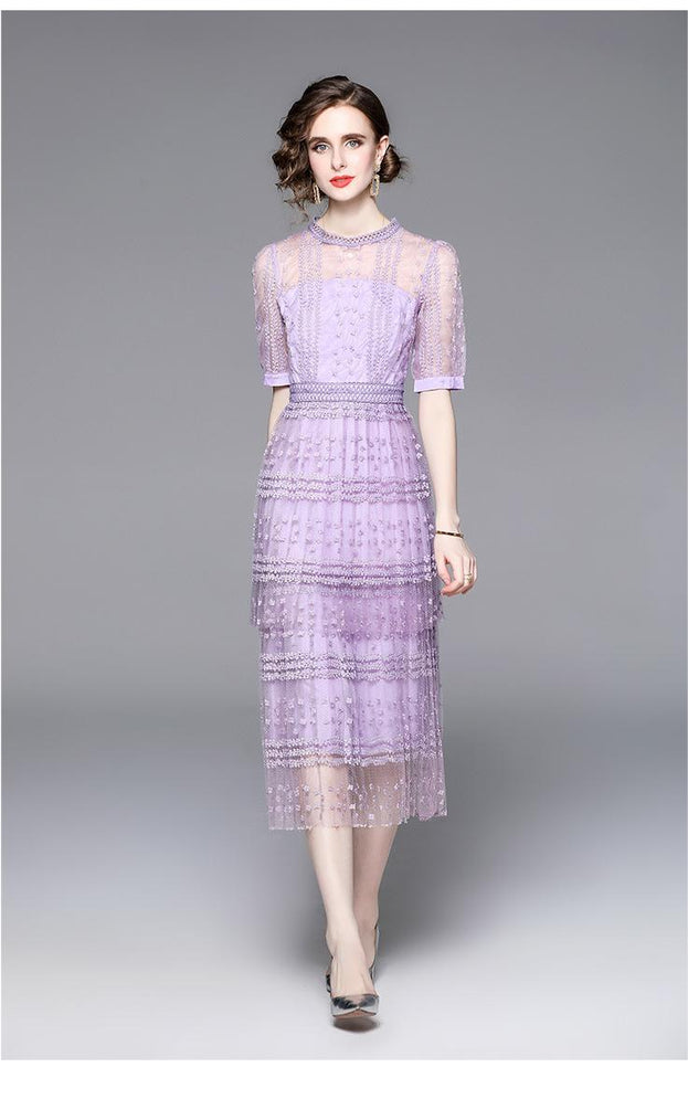 Lace Stitching Mesh Embroidered Crewneck Sexy Short Sleeved Long Skirt Slim Dress
