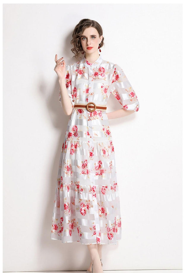 Half High Neck Lantern Sleeve Vintage Print Full-length Dress with Waist Tucked in (with Suspender)