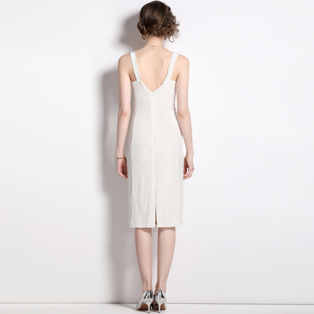 Temperament Velvet Splicing Mesh Yarn Suspender Skirt Fish Bone Pleated Slimming Dress