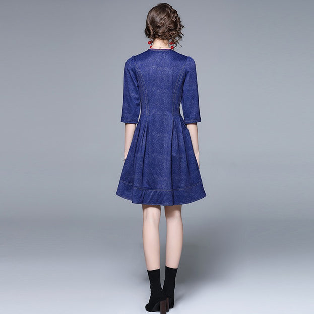 Middle Sleeve Zipper Down Denim Jacquard Dress