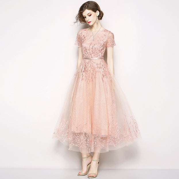 High-Waisted Gauze Embroidered Dress