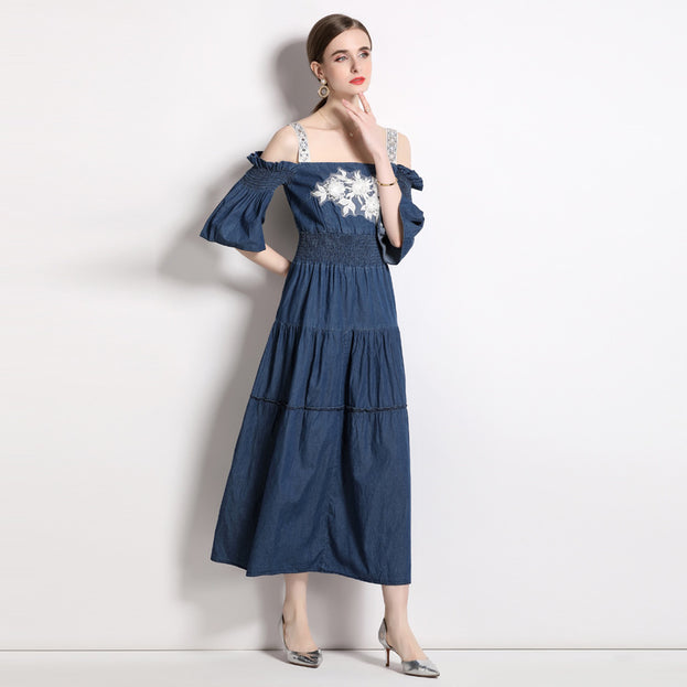 Off Shoulder Bust Embroidery Halter Denim Dress