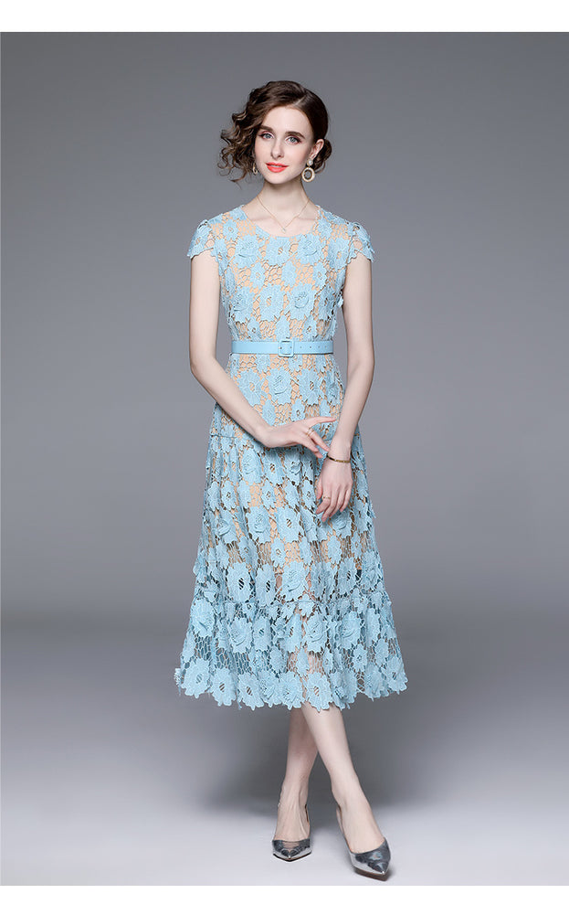 Hollow Oout Water-Soluble Flower Embroidery Round Neck Short Sleeve Solid Color Elegant Long Skirt Dress