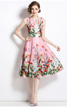 Vintage Print Waist Slimming Sleeveless Dress Mid-Length Skirt