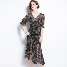 V-neck Lantern Sleeve Irregular Hem Polka Dot Dress