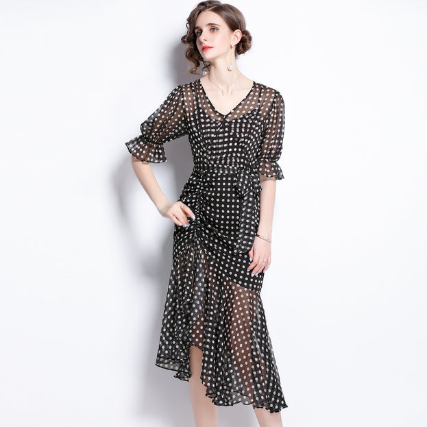 V-neck Lantern Sleeve Irregular Hem Polka Dot Dress