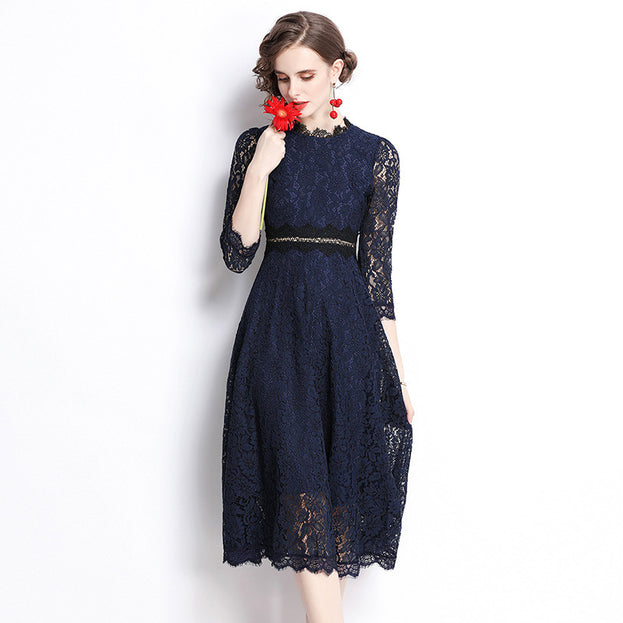 New Women's Temperament Lace Embroidery Slimming Mid-Length A-Line Skirt Dress