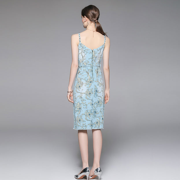 V-Neck Halter Printed Denim Slit Mid-Length Slim Dress