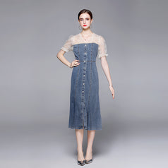 Embroidered Mesh Stitching Denim Slim Waist Slit Fishtail Swing Dress