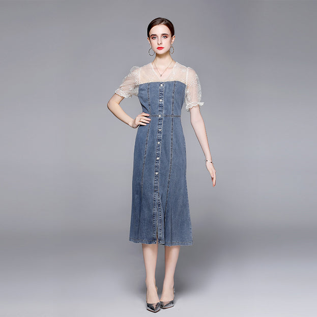 Embroidered Mesh Stitching Denim Slim Waist Slit Fishtail Swing Dress