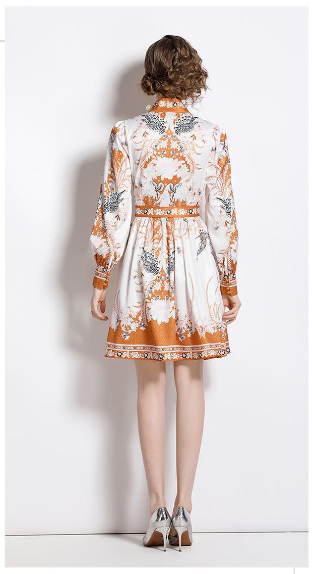 Fashion Vintage Fresh Stand-Up Collar Long-Sleeved Printed Dress