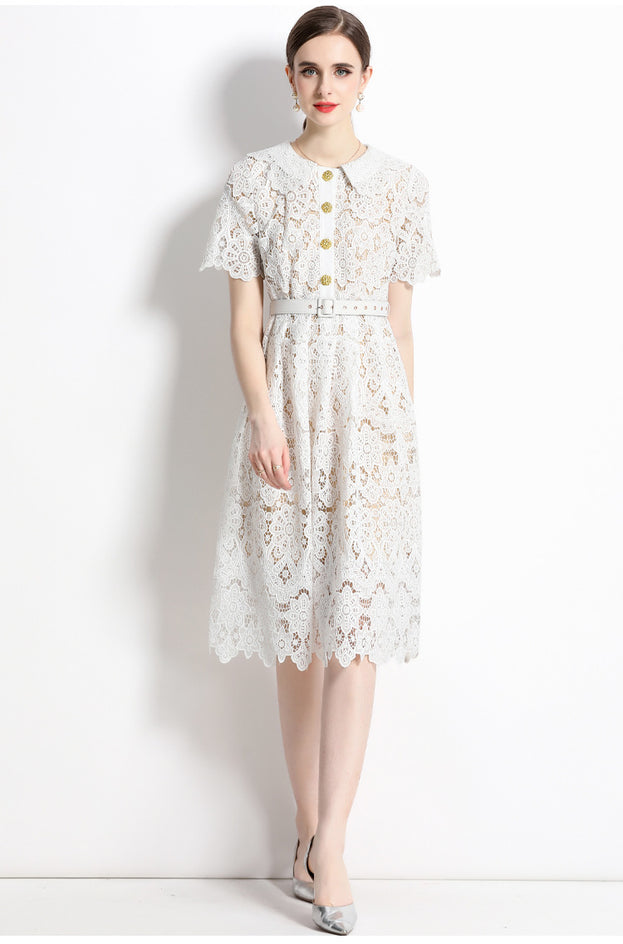 Water-Soluble Floral Embroidery Hollowed Out Lace Collar Short Sleeve Tucked Waist Slimming Dress