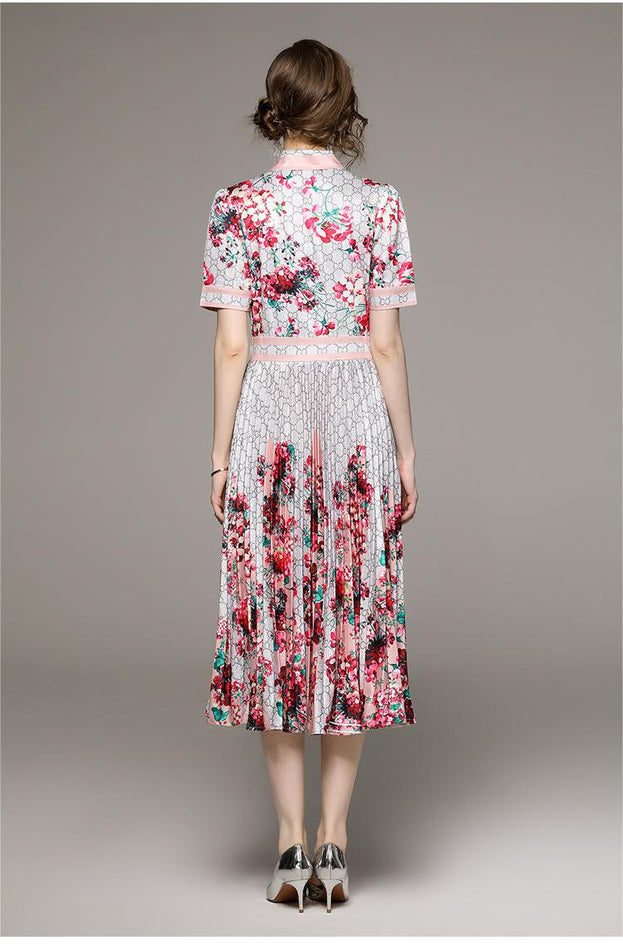 Fashion All-in-one Folded Waist Slimming Positioning Printed Short Sleeve Pleated Dress
