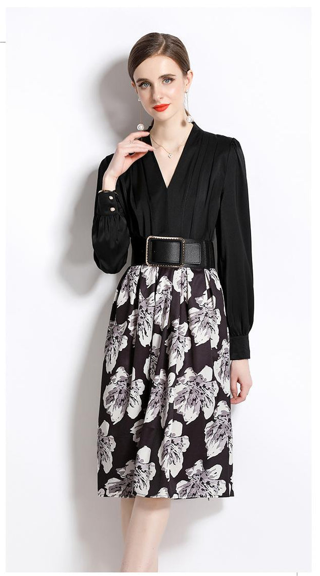 Temperament Waist Slimming V-Neck Long Sleeve MIDI Dress Vintage Print