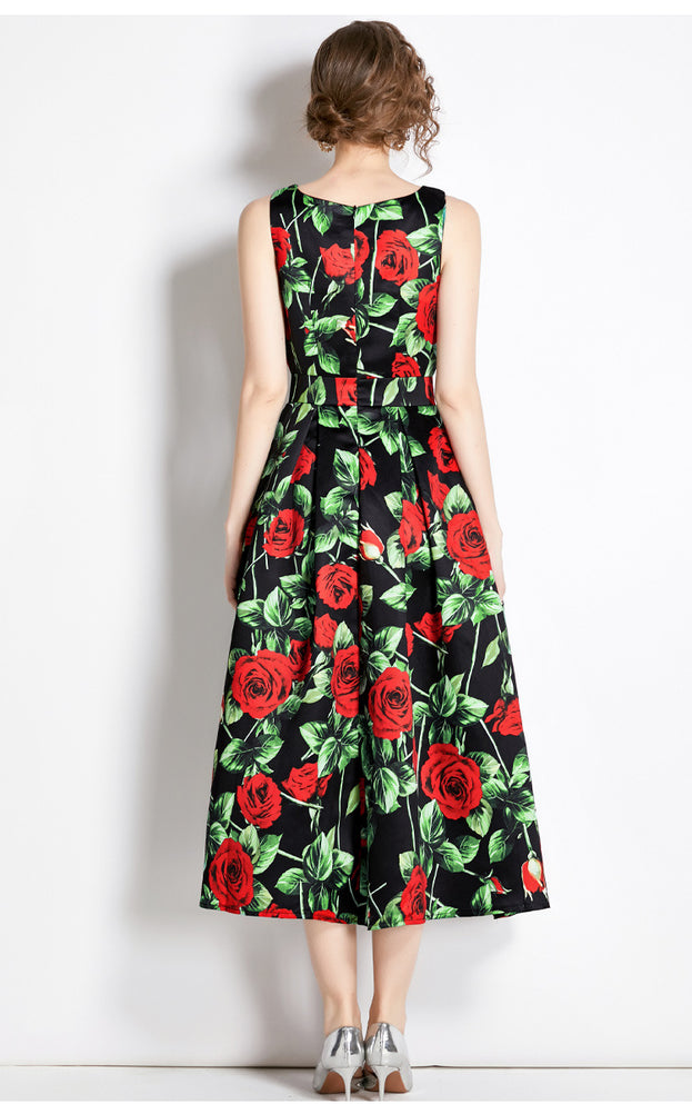 Vintage Print Sleeveless High-Waisted Dress