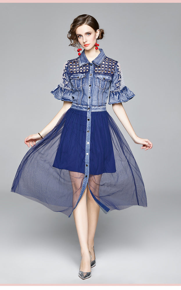 Hollowed Out Mesh Denim Stitching Slim Flared Sleeve Short Sleeve Mid-Length Dress