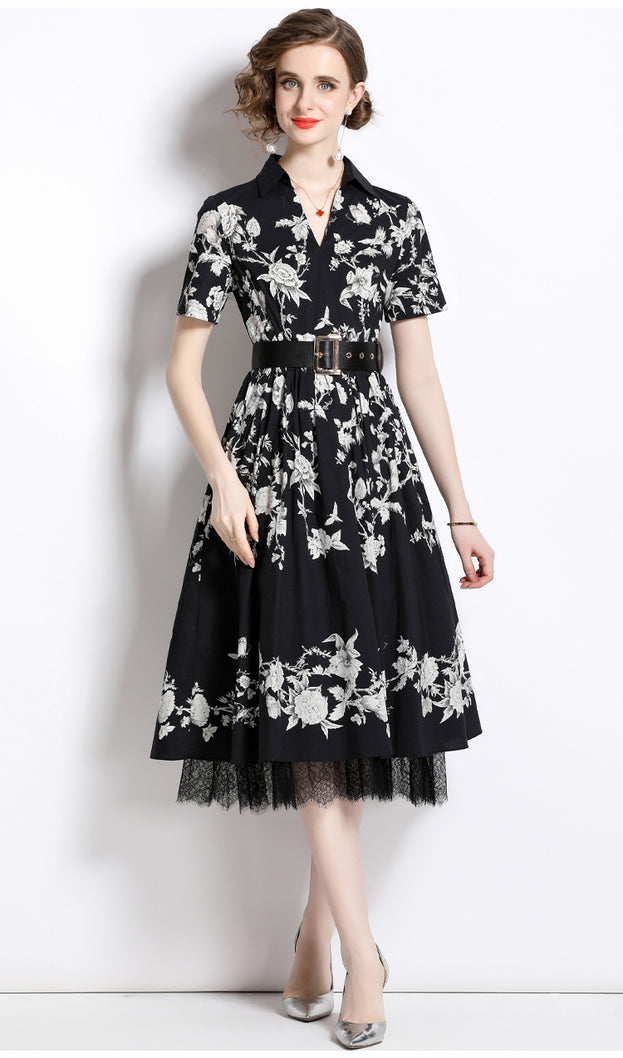 Temperament Lace Print High-Waisted Short-Sleeved Mid-Length Dress with Belt