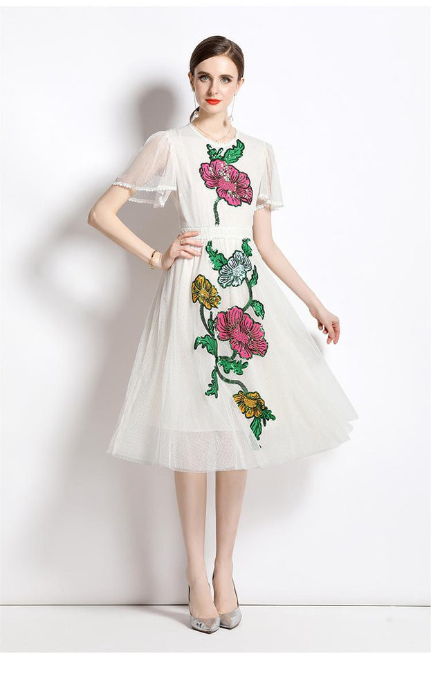Temperament Round Neck Ruffled Edge Short-Sleeved Sequin Mesh Embroidery Mid-Length Dress