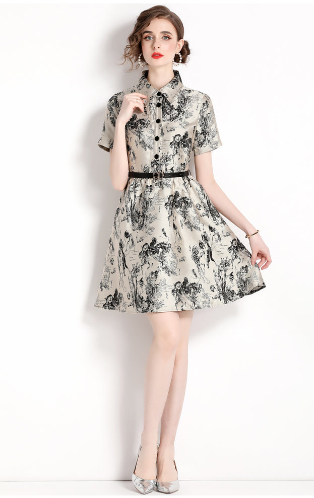 Temperament Vintage Jacquard Lapel Short Sleeve Slim Look Slim Mid-Skirt Dress