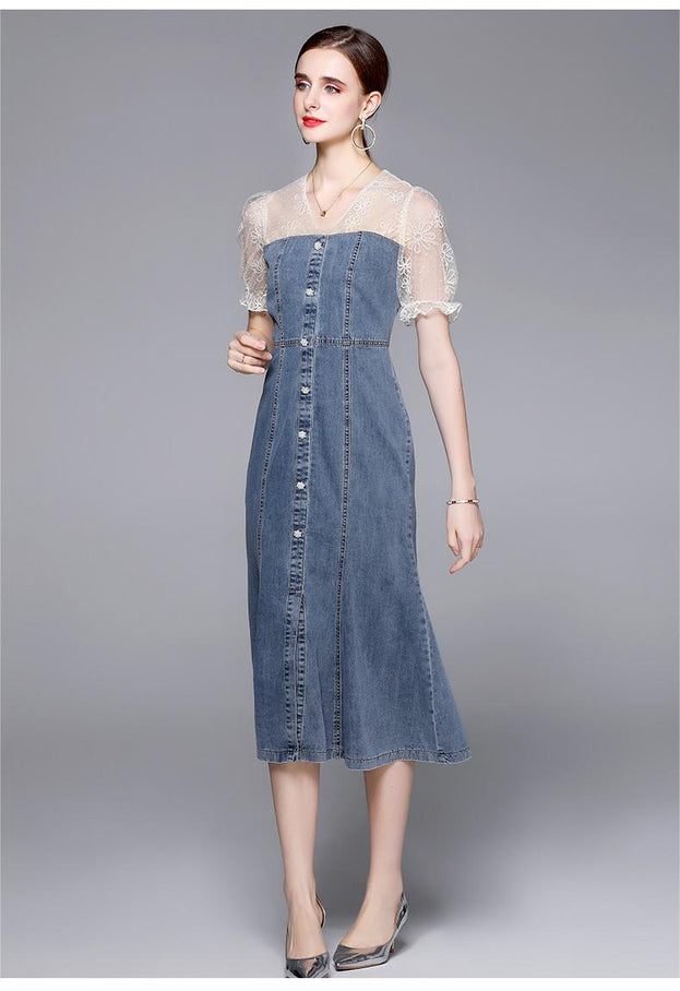 Embroidered Mesh Stitching Denim Slim Waist Slit Fishtail Swing Dress