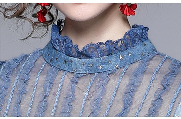 Stand Collar Long Sleeve Perspective Mesh Patchwork Receiving Waist Five-Pointed Star Denim A-Line Skirt Dress