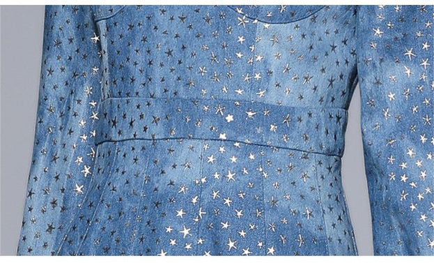 Stand Collar Long Sleeve Perspective Mesh Patchwork Receiving Waist Five-Pointed Star Denim A-Line Skirt Dress